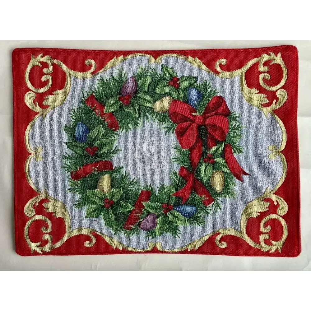 NWOT Set of‎ 2 Reversible Tapestry Christmas Placemats Snowman Wreath Vintage